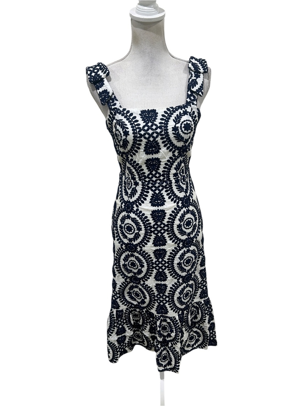 Adelyn Rae navy blue & White cotton embroidered bow -Strap Midi sunDress small